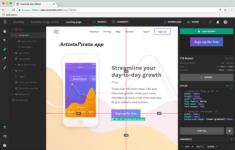 Avocode mostrando colaboración en tiempo real entre diseñadores y desarrolladores sobre una interfaz digital.