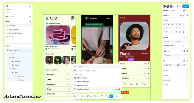 Interfaz de Figma para PC mostrando un proyecto de diseño UI/UX con paneles de capas, herramientas y prototipo interactivo.