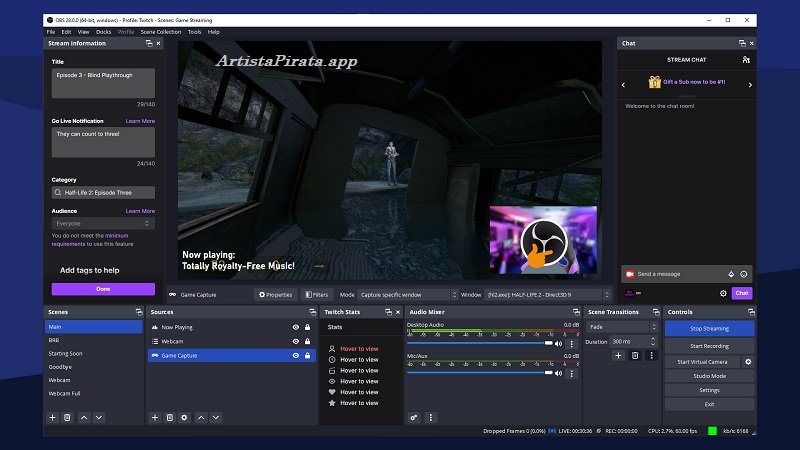 Interfaz de OBS Studio mostrando escenas, fuentes y panel de control durante una grabación.