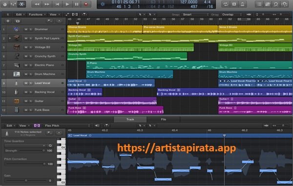 Nuevas características en la última versión Crack de Logic Pro x 2026bpara Flex Time, Sidechain y el motor de audio.