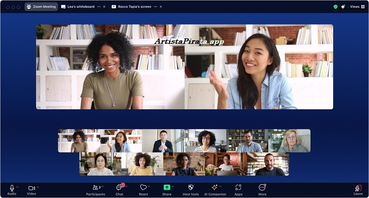 Interfaz de Zoom Pro 2025 mostrando una reunión en línea con herramientas de colaboración y chat activo.