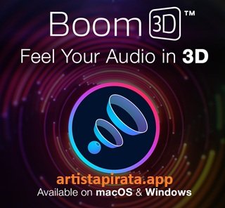Interfaz de Boom 3D Full Version mostrando ecualizador y efectos de sonido 3D en Windows.