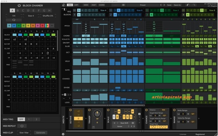 Interfaz de HY-Plugins Activado con controles de sonido y herramientas de edición musical en pantalla.