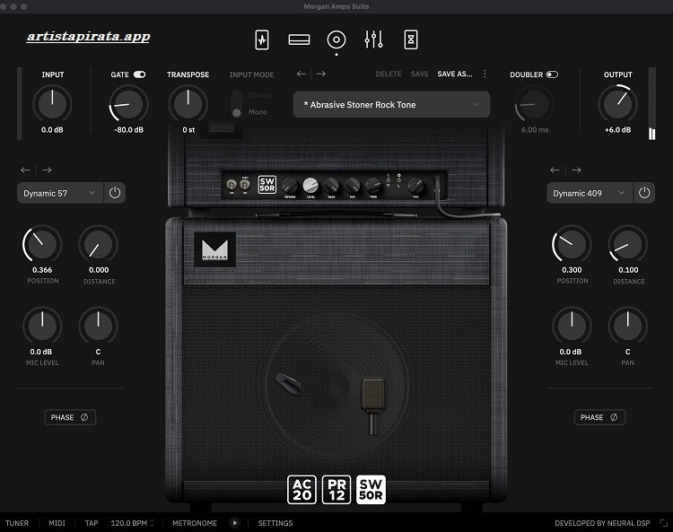 Interfaz del plugin Morgan Amps Suite 2026 Full Esoanol con controles de amplificador y efectos de guitarra.