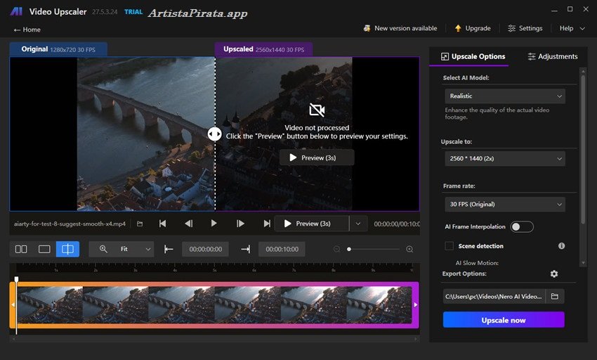 Nero AI Video Upscaler Full Activado Interfaz