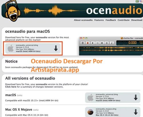 Pantalla completa de Ocenaudio en español que muestra edición de audio y herramientas inteligentes.