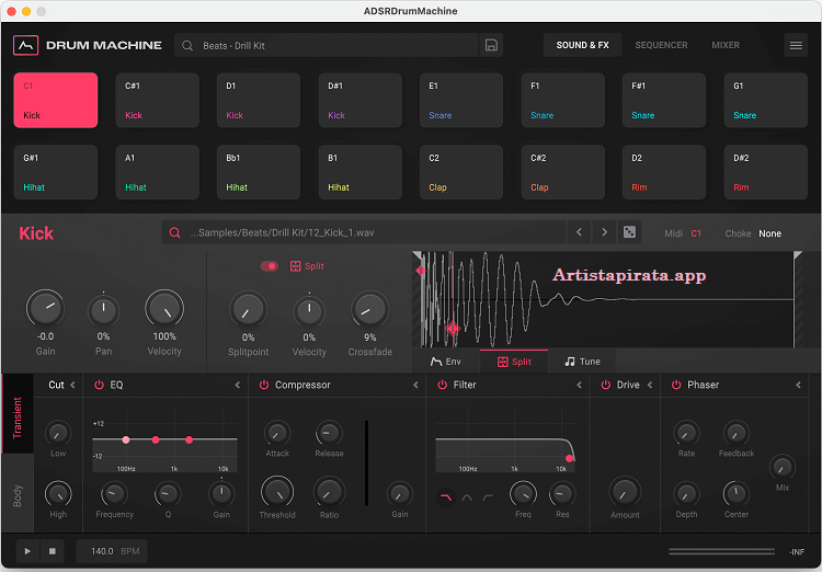 ADSR Drum Machine v1.4.0 Interfaz en Espanol