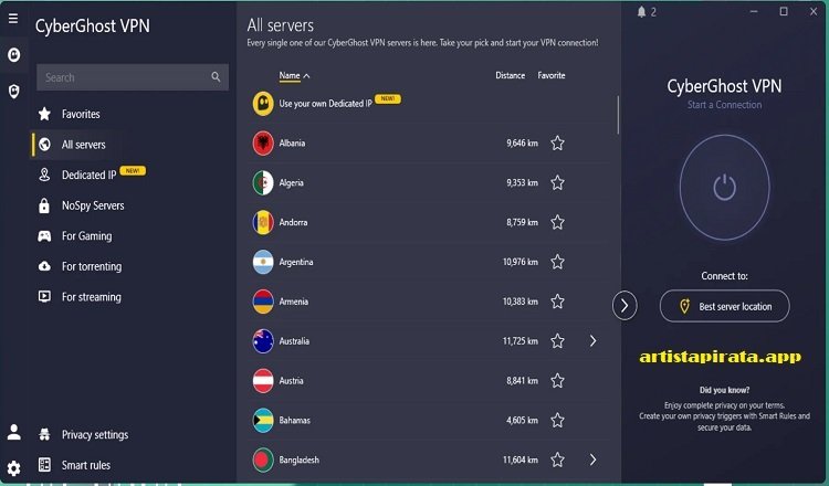 Interfaz de CyberGhost VPN con opciones de conexión, servidor VPN y configuración de privacidad