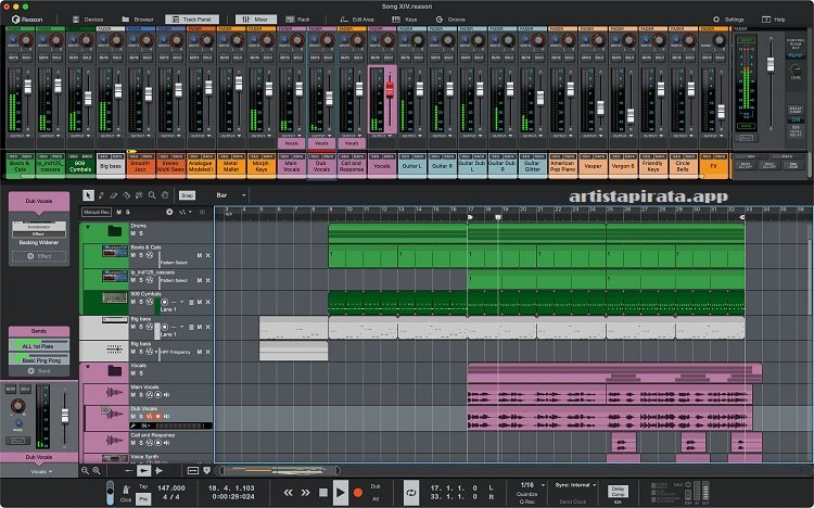 Interfaz principal de Reason Crack Descargar con el rack virtual, secuenciador MIDI y herramientas de producción musical.