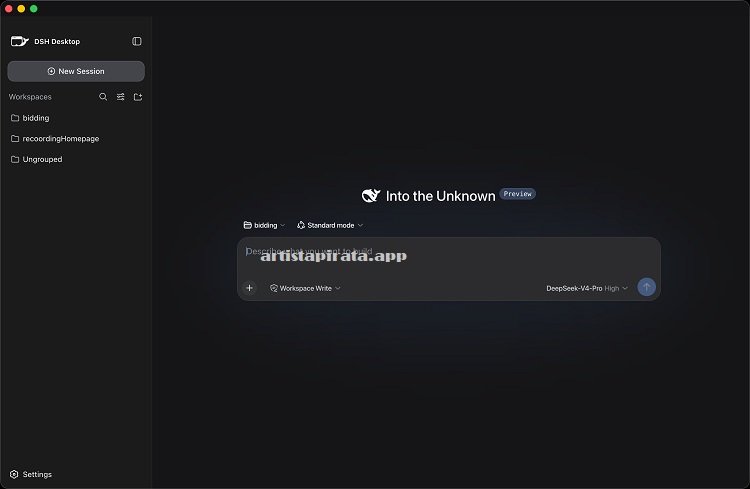 Panel de DeepSeek Harness Desktop con sesiones de agentes, archivos del proyecto y herramientas de programación asistida por IA.
