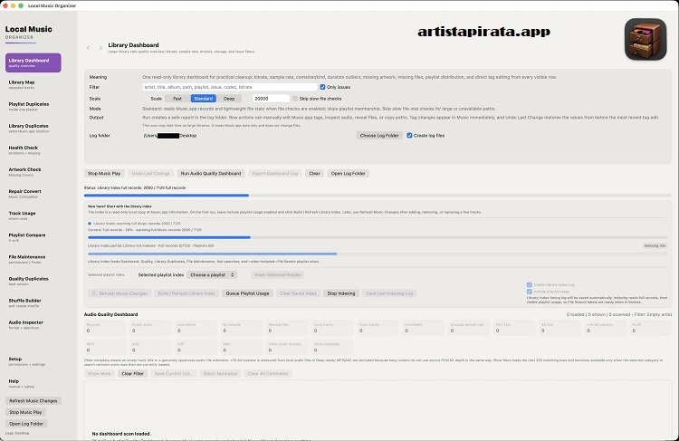 Interfaz de Local Music Organizer para detectar duplicados, archivos faltantes y revisar metadatos de audio