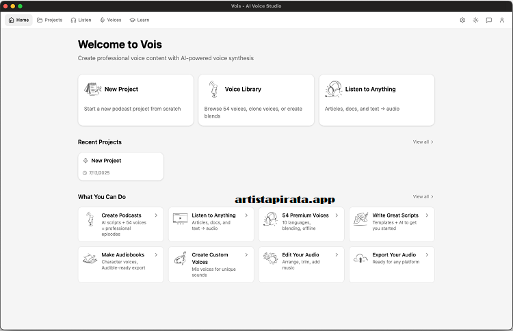Interfaz de Vois para generar voces con inteligencia artificial y editar narraciones de audio