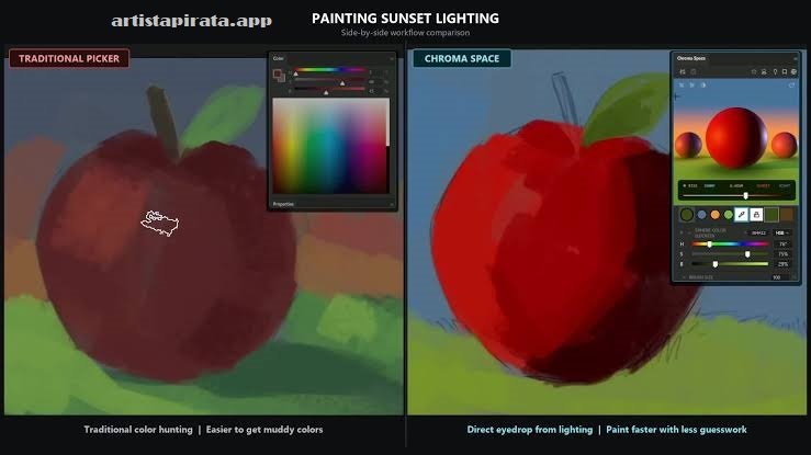 Panel de Chroma Space integrado en Adobe Photoshop que muestra modelos 3D y ajustes de iluminación para seleccionar colores durante la ilustración digital.